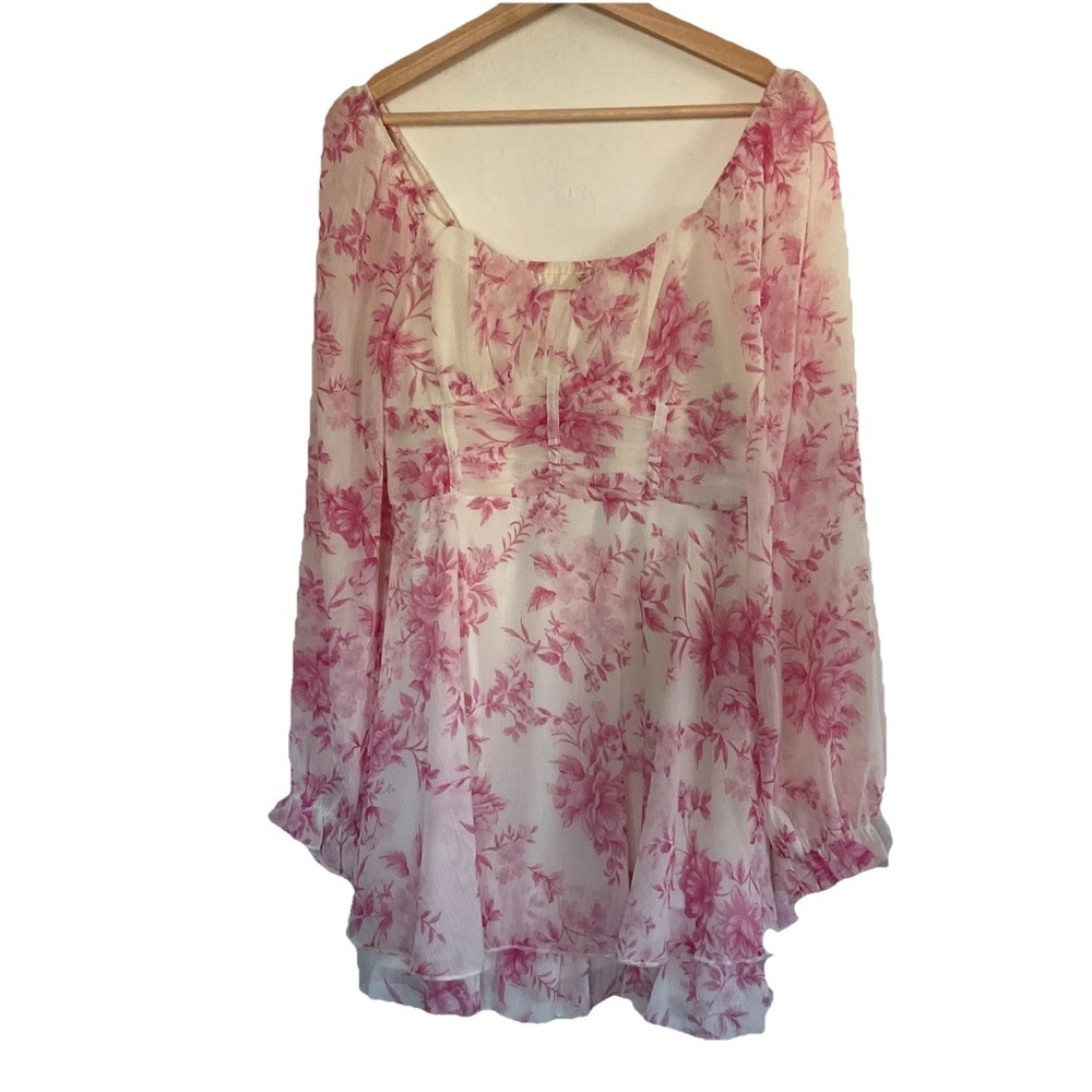 Y2K BabyDoll Chiffon Dress Long Sleeve Floral Pink Toile Fairy Coquette Cottage